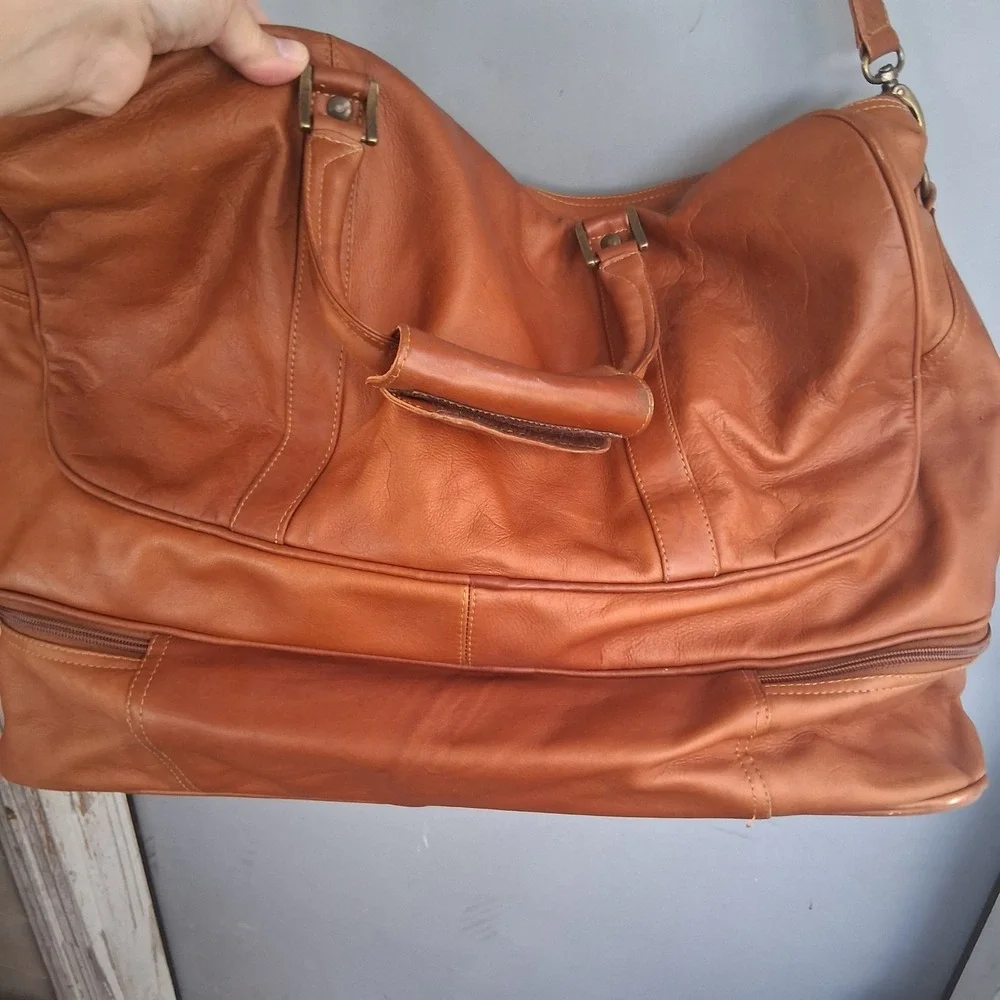 Piel Leather Large Duffel Weekender Bag Saddle Cognac Brown stardust